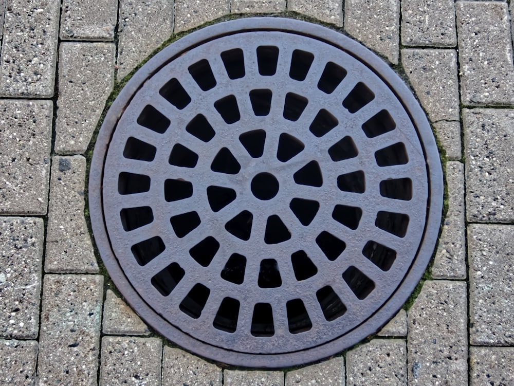 a manhole cover on a brick sidewalk