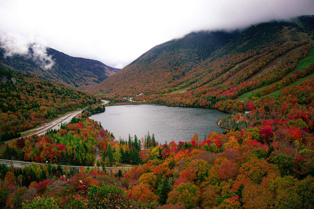 a scenic view of a lake surrounded by mountains