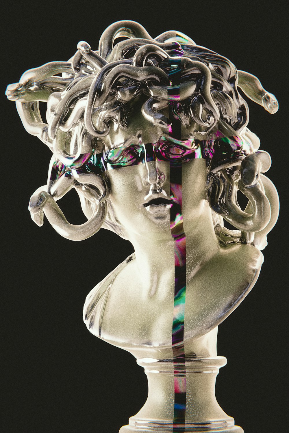 a sculpture of a woman's head with chains on it