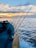 Several fishing rods are lined up on the side of a boat as it travels over gentle waves. The sun is setting or rising, casting a warm glow across the sky, which is filled with scattered clouds.