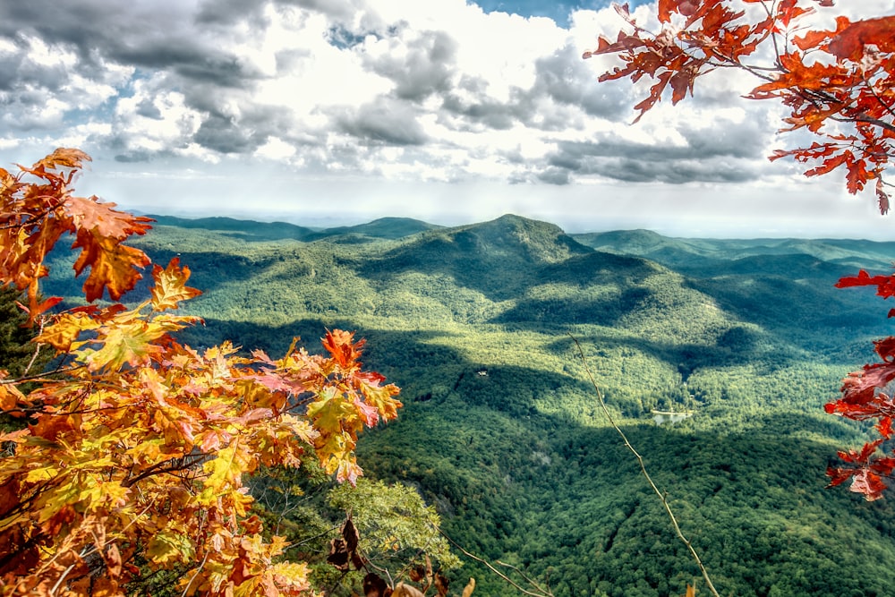 a scenic view of a mountain range in the fall