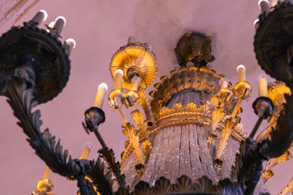 An ornate chandelier with multiple decorative elements including candle-like bulbs, intricate metalwork, and crystal adornments. The design features a blend of dark metal and golden accents, with a luxurious appearance enhanced by soft, warm lighting. The angle of the photo is from below, highlighting the grandeur and elaborate details of the chandelier.