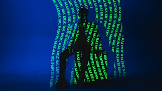 A dark silhouette of a person is seated against a deep blue background. Bright green text is projected onto the figure and the backdrop, creating an intricate pattern. The text includes words such as 'ERIC', 'MAGNA', and 'RAJ'. The lighting creates a mysterious and artistic atmosphere.
