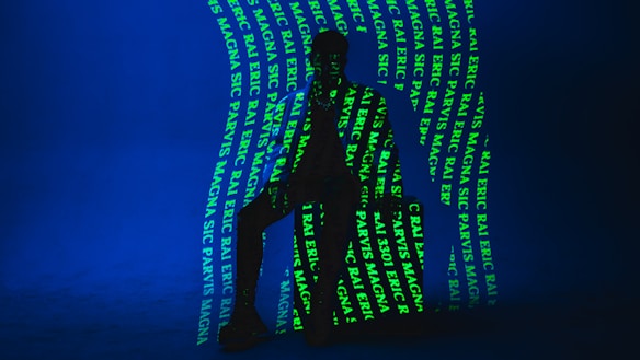 A dark silhouette of a person is seated against a deep blue background. Bright green text is projected onto the figure and the backdrop, creating an intricate pattern. The text includes words such as 'ERIC', 'MAGNA', and 'RAJ'. The lighting creates a mysterious and artistic atmosphere.