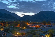 A serene village landscape with traditional homes nestled among tall trees at sunset.