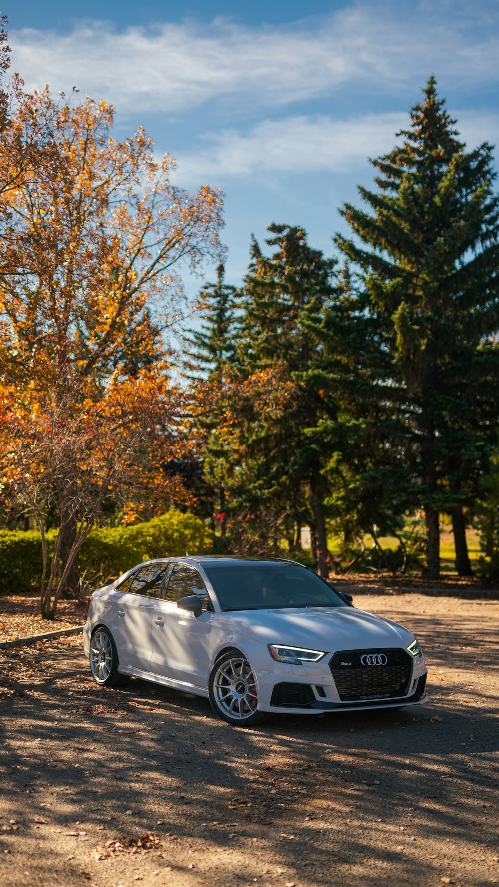 a white car parked in a parking lot next to trees