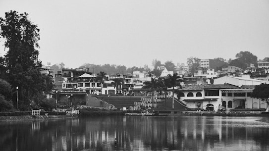 A serene, black and white landscape showcasing a small waterfront town. Buildings with various architectural designs line the shore, interspersed with palm trees. In the foreground, a calm body of water reflects the structures and trees. The scene evokes a sense of quiet and stillness.