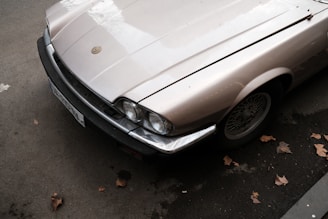 A vintage car parked on a cobblestone street with autumn leaves around