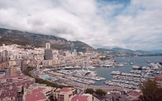 A coastal city densely populated with buildings, including high-rises, and surrounded by mountains. The city harbors numerous yachts and boats in its marina, and there is a clear blue sky with some clouds.