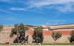 A serene outdoor scene with a mix of nature and architecture. There are stone and brick walls with arches, surrounded by several olive trees. A vivid pink chair is placed on the grass in the foreground, adding contrast to the earthy tones of the walls and trees. The blue sky is clear, with a few scattered clouds.