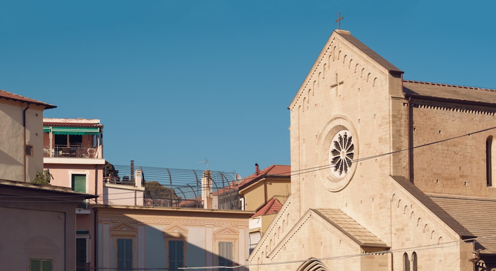 a church with a clock on the front of it