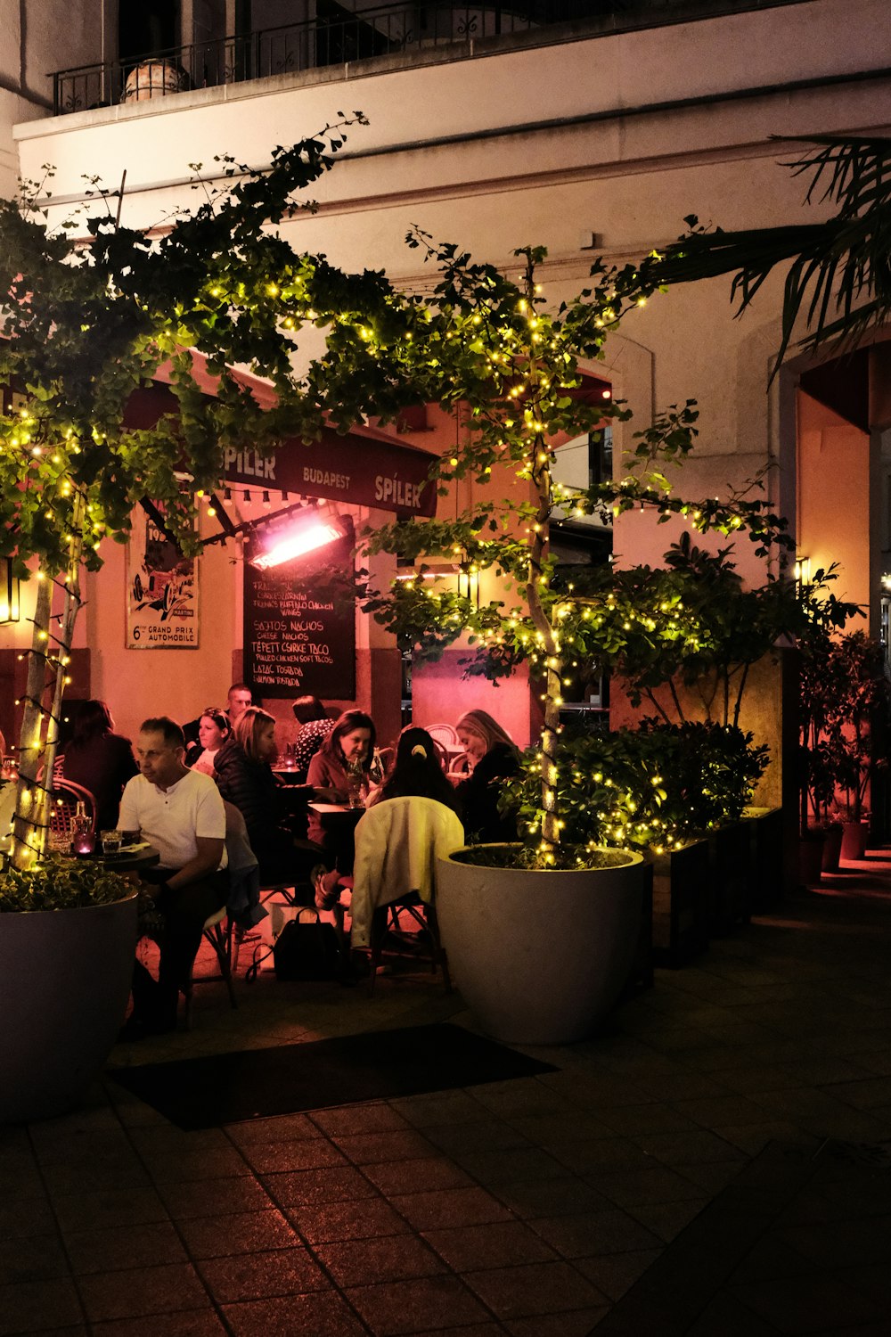 un grupo de personas sentadas en una mesa bajo un árbol