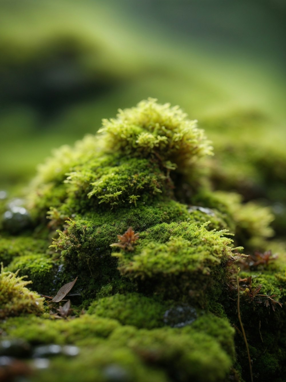 a close up of a mossy surface with drops of water