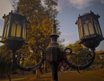 A vintage-style street lamp with two ornate lanterns stands prominently against a backdrop of blurred trees and sky, suggesting an outdoor park setting. The lanterns feature intricately designed metalwork, and their warm glow contrasts with the muted greens and browns of the surrounding foliage.