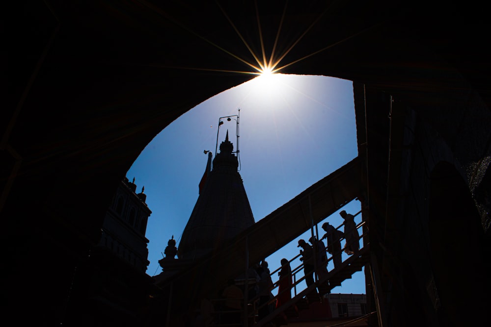 a view of a clock tower through a window