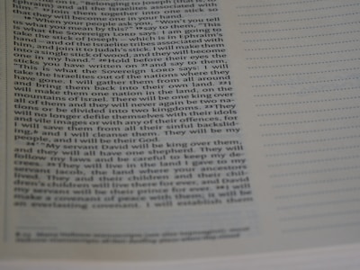 A close-up view of a Bible page with text describing a passage from Ezekiel. The text is in black ink on a white page, with the words clearly readable. There are also lines on the right side of the page for taking notes.