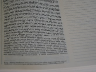 A close-up view of a Bible page with text describing a passage from Ezekiel. The text is in black ink on a white page, with the words clearly readable. There are also lines on the right side of the page for taking notes.