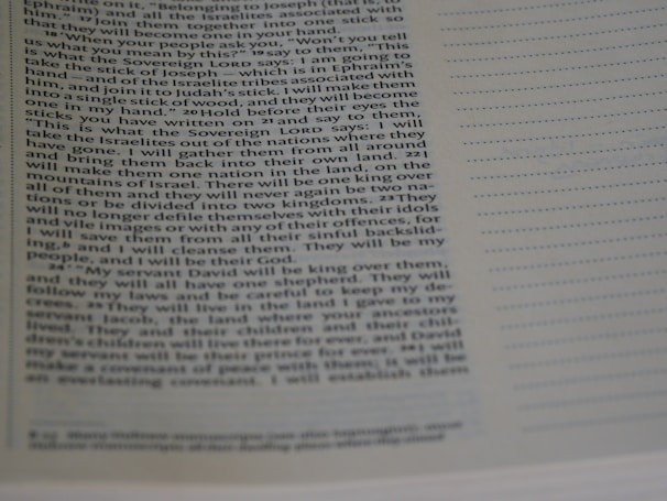 A close-up view of a Bible page with text describing a passage from Ezekiel. The text is in black ink on a white page, with the words clearly readable. There are also lines on the right side of the page for taking notes.