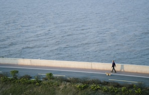 A dog owner enjoying a walk with their dog along a scenic trail.