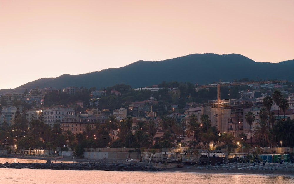 a view of a city with mountains in the background