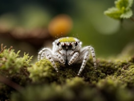 A detailed close-up of a jumping spider with large, prominent eyes and delicate hairs covering its body, resting on a bed of moss. The spider's expressive eyes give it a curious look, and its camouflage coloring allows it to blend seamlessly with the surrounding greenery.
