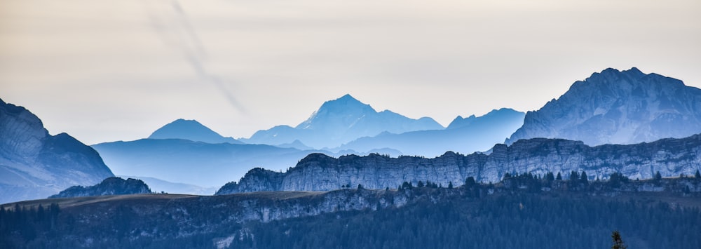 a mountain range with trees and mountains in the background