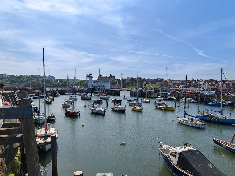 a harbor filled with lots of boats under a blue sky