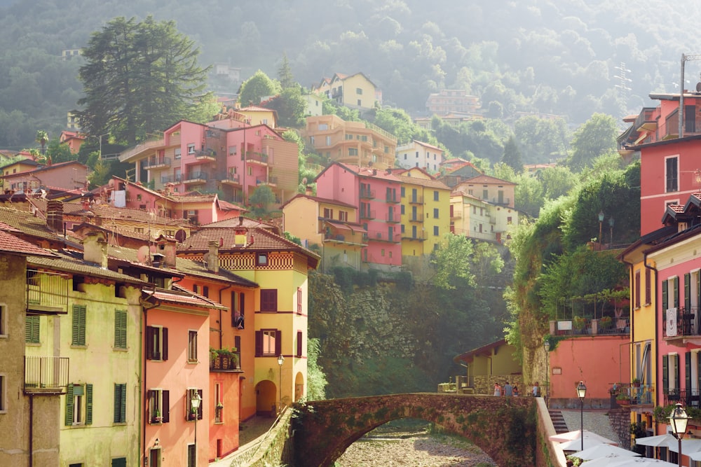 a river running through a small town with lots of buildings