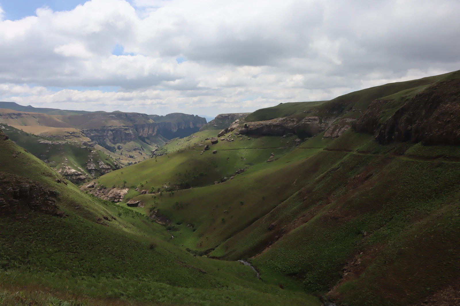 A green valley below the Drakensberg mountains