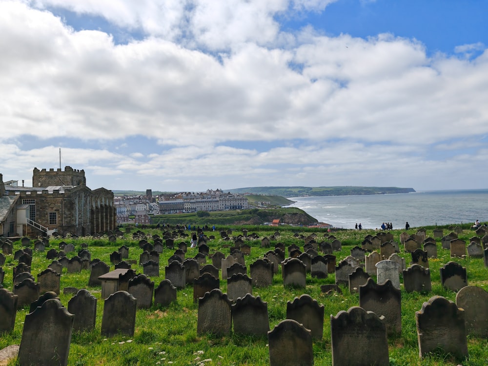 a cemetery with a view of the ocean in the background