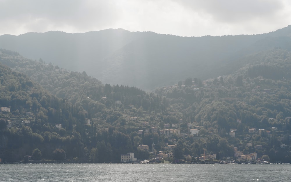 a body of water surrounded by a lush green hillside