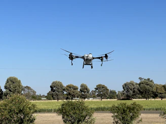 Drone performing targeted spraying over a crop field under clear sky.