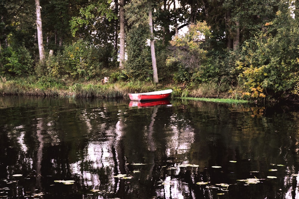 a red boat floating on top of a lake surrounded by trees