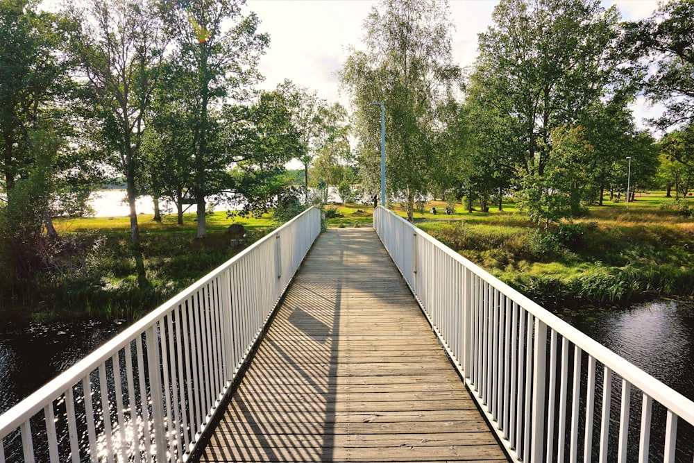 un pont en bois au-dessus d’une rivière avec des arbres en arrière-plan