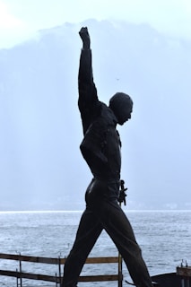 A silhouette of a statue depicting a person with one arm raised triumphantly against a backdrop of misty mountains and a body of water. The scene conveys a sense of strength and achievement, with muted colors and a serene landscape.