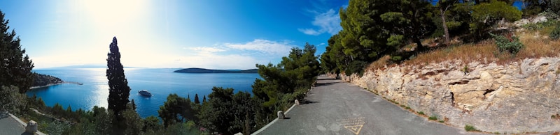 A panoramic view of a coastal landscape featuring a winding road bordered by stone and lush greenery. To the left, a calm body of water stretches out to meet the horizon under a clear blue sky. Tall trees and shrubs line the edges of the road, creating a natural and serene environment.