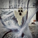 a spooky ghost hanging on a wire fence