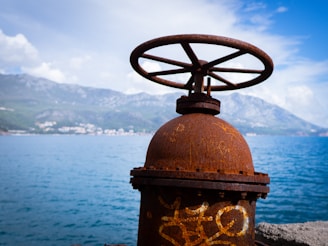 A large, rusty valve with a wheel handle is positioned in the foreground, covered in graffiti. It is mounted near the edge of a waterfront, with calm blue waters stretching into the distance. The background reveals a scenic mountain landscape beneath a slightly cloudy sky.