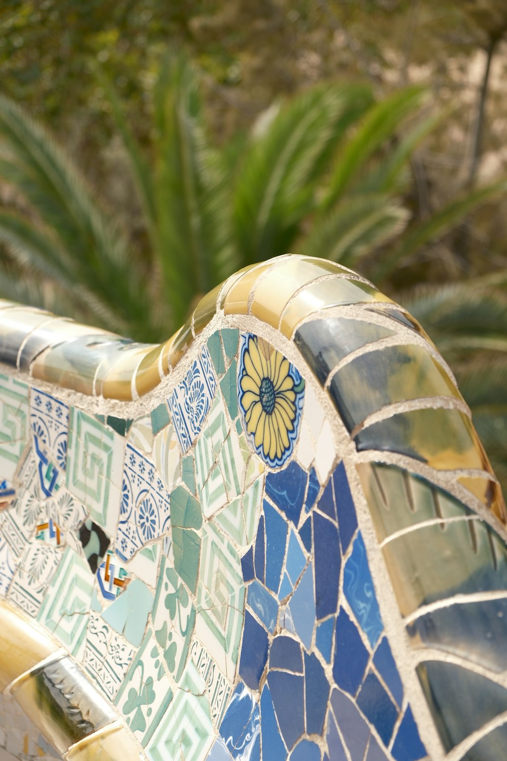 a close up of a bench with a plant in the background