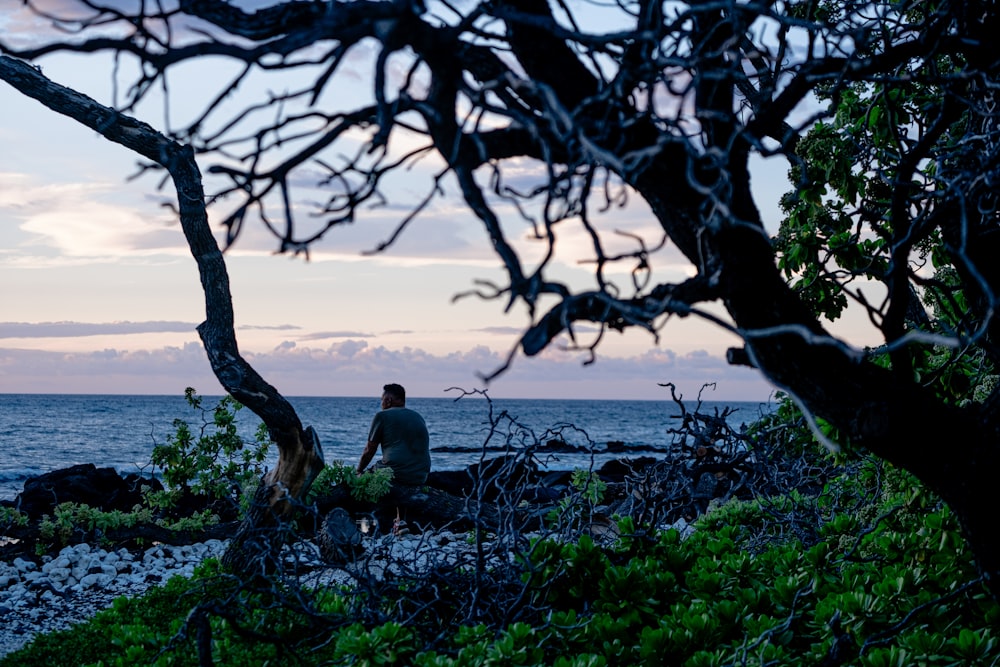 a man sitting on a rock near the ocean