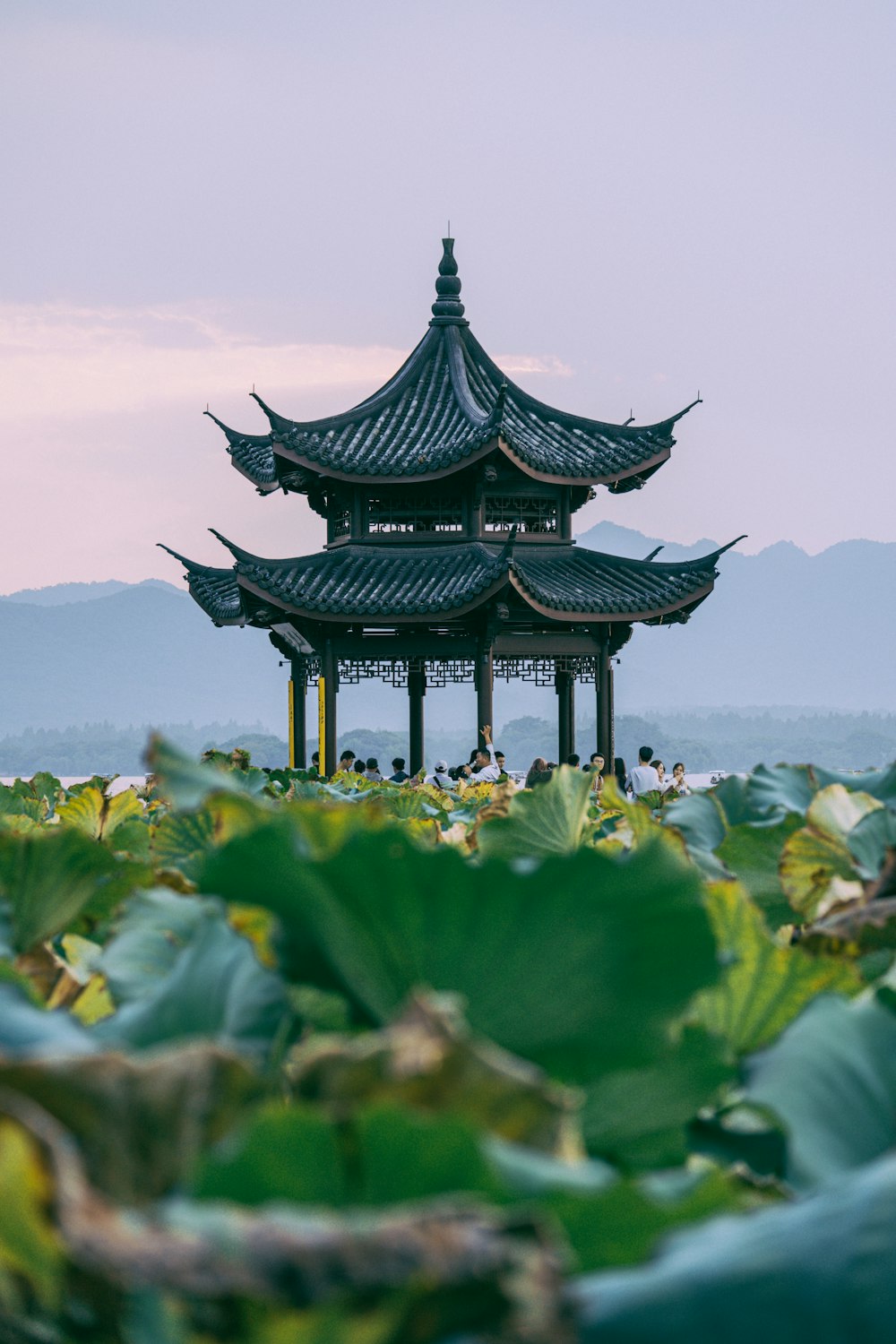 a pagoda stands in the middle of a field