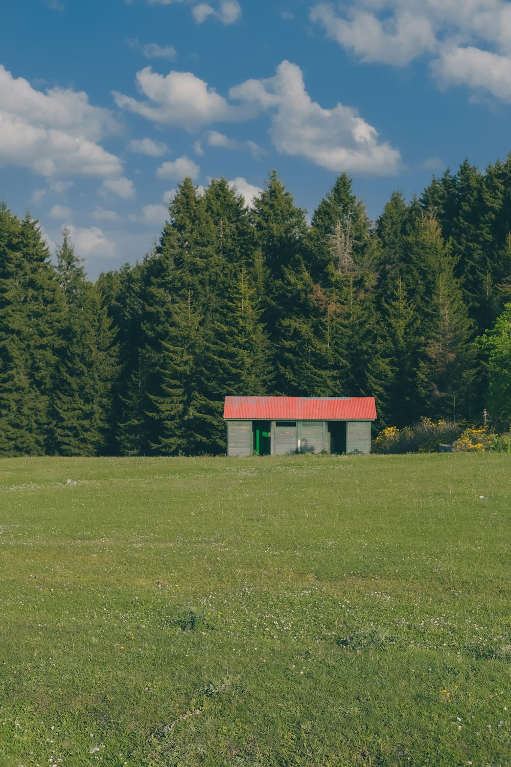 a small building in a field with trees in the background