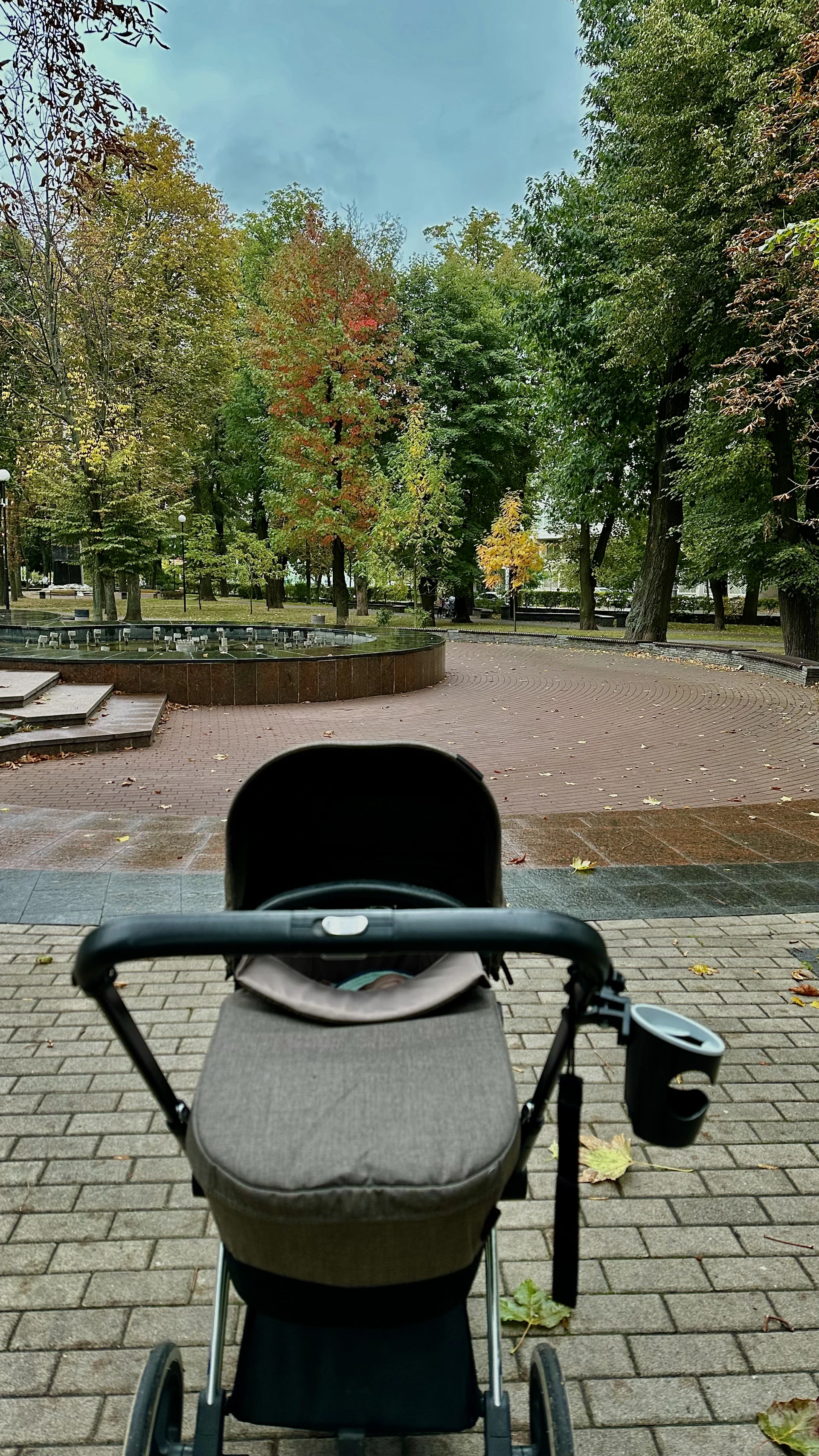 A stylish modern stroller parked on a leafy park path with sunlight filtering through the trees.