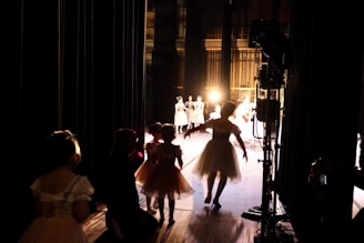 Several dancers, possibly in costumes, are gathered backstage, preparing to perform. The light from the stage creates a silhouette effect on the dancers, highlighting their movements. The stage is illuminated, and more performers can be seen in the distance, already engaged in a dance routine.