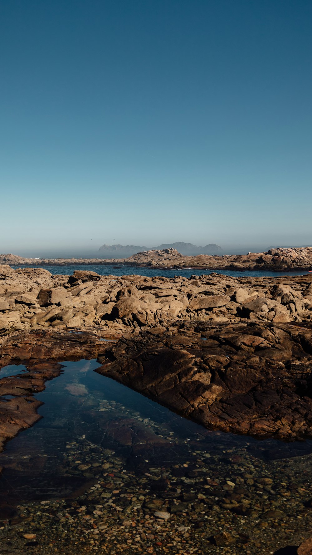 a body of water sitting next to a rocky shore