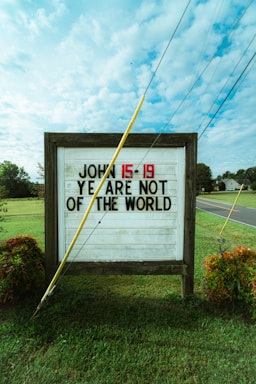 A wooden sign stands on a grassy area next to a road, displaying the message 'JOHN 15:19 YE ARE NOT OF THE WORLD' in bold black and red letters. A yellow pole is leaning against the sign. The sky is partly cloudy, and there are trees and shrubs in the background.