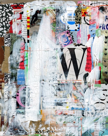 An abstract collage featuring layers of various textures, printed text, and colors. Elements include torn paper with fragments of text and images, paint splatters, and brush strokes. A large letter 'W' and a mix of vibrant colors with white, black, and earth tones are prominent.