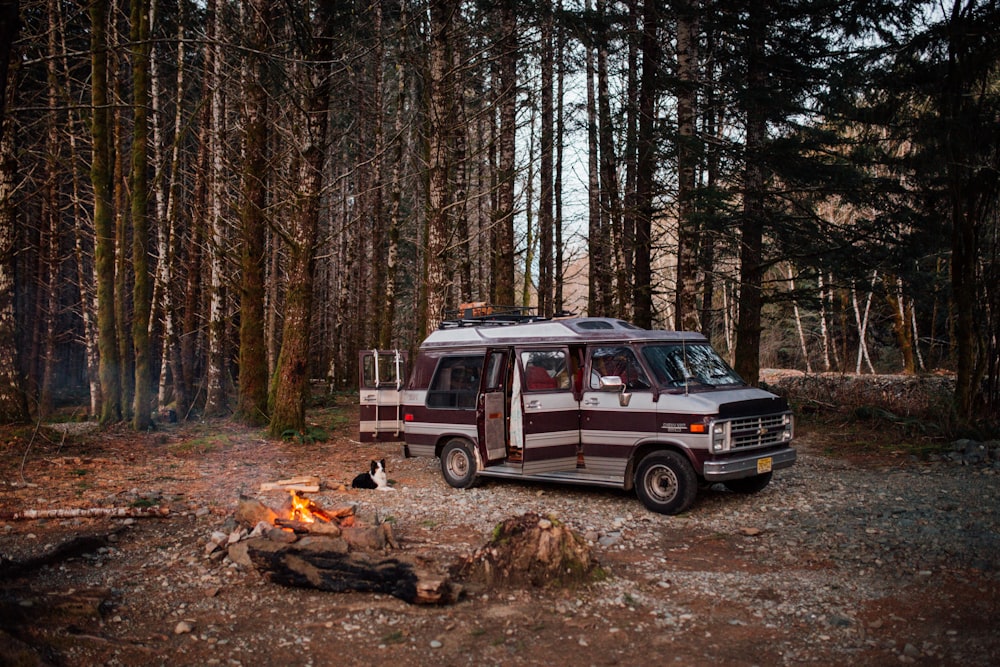 a van parked in the woods next to a campfire