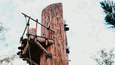 A tall, weathered wooden post supports a rustic platform constructed from wooden planks and ropes. The structure appears part of an adventure or obstacle course, with ladders or steps attached to the post. The sky is partly cloudy, and some tree branches can be seen in the background.