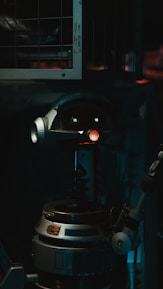 An industrial crawler robot navigating inside a pipeline with glowing sensors.